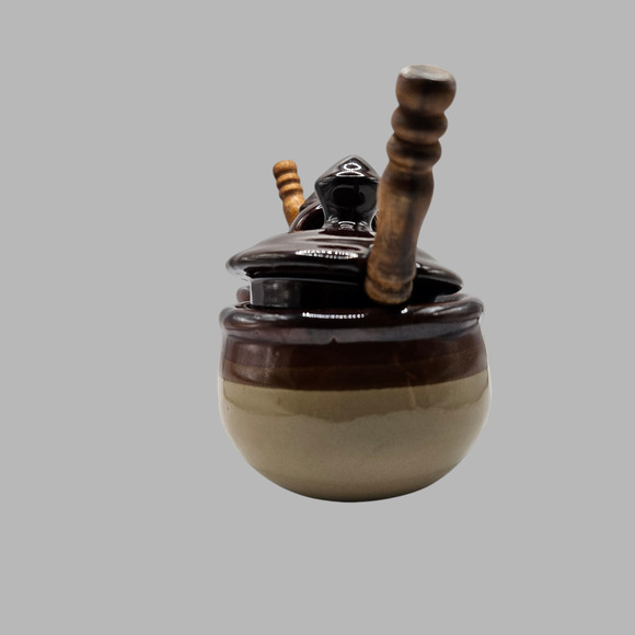 Vintage Brown Drip Double Condiment Pot with Wood Spoons Ceramic Stoneware - Picture 2 of 6